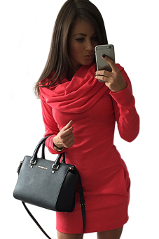 Women Casual Neck Package Hip Long Sleeve Pockets Plain Stretch Bodycon Mini Dress (Red) (Intl) - intl  