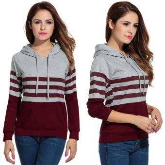 Women Casual Pullover Striped Patchwork Hooded Hoodie Sweatshirt With Pockets - intl  