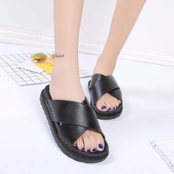 Women Casual Slipper PU Skin Cross Bandage Shoes Breathable Sandals Summer Flat Shoes Black XZ299 - intl  