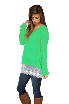 Women Casual V-neck Long Sleeve See-through Hollow out Loose Lace Sweater (Green) - intl  