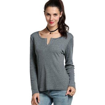 Women Casual V Neck Slim Knitwear Solid Pullover Sweater (Gray) - intl  