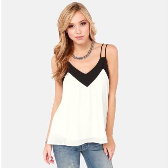 Women Chiffon V Neck Sleeveless Spaghetti Strap Backless Patchwork Contrast Color Tank Tops (Intl) - intl  