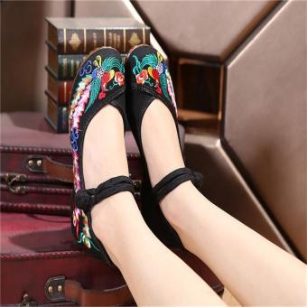 Women Chinese Phoenix Embroidered Height Increasing Shoes Lace-Ups Chinese Button Old Beijing Traditional Cloth Wedges (Black, Blue,Red) - intl  
