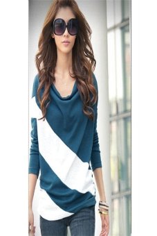 Women Clothes Spring Bat Sleeve Stitching Long Sleeves T-shirts Patchwork Stripe Casual Tops Blouses Blue - Intl  