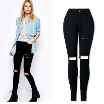 Women Cool Ripped Knee Cut Skinny Long Jeans Pants Slim Pencil Trousers Black - intl  