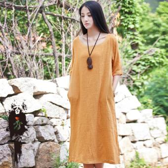 Women Cotton Linen Fresh Seven-sleeved Dress Maxi (Yellow) - intl  