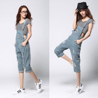 Women Denim Bib Jeans Korean Style Casual Lady Straps Student Siamese Trousers Loose Large Cropped Pants - intl  