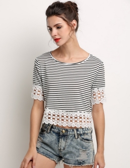 Women Fashion Casual Loose round Neck Short Sleeve Stripe Lace Hollow Patchwork Short T Shirt Crop Tops Black - intl  