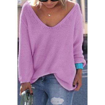 Women Fashion Casual V-Neck Long Sleeve Solid Loose Knitwear Pullover Sweater - intl  