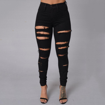 Women Fashion Holes Denim Pencil Pants Stretch Ripped Skinny Jeans-Black - Intl  