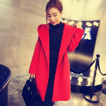 Women Fashion Hooded Slim Fit Wool Coat Korean style All-match Casual Jacket Coat Medium- Long Overcoat (Red) - intl  