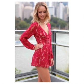 Women Fashion Lace V Neck Long Sleeve High Waist Loose Casual Short Jumpsuit (Red) (Intl) - intl  