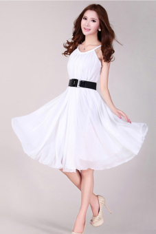 Women Fashion Loose Chiffon Round Neck Halter Sleeveless Solid A-Line Dress with Belt (White) (Intl) - intl  