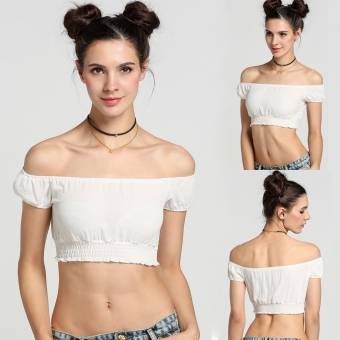 Women Fashion Sexy Strapless Off Shoulder Low Back Short Sleeve Elastic Frilly Solid Crop Tops - intl  