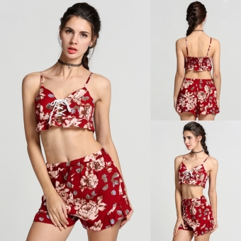 Women Fashion Sexy V Neck Lace-up Sleeveless Backless Floral Ruffle Crop Top and Elastic Waist Shorts Set - intl  