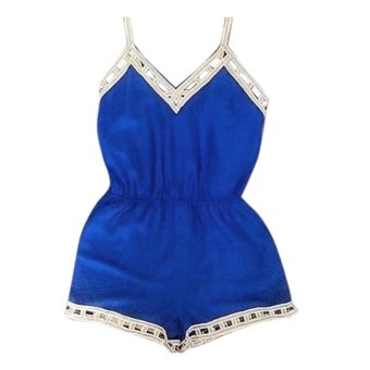 Women Fashion Sexy V Neck Sleeveless Spaghetti Strap Backless Patchwork Hollow Short Playsuit Jumpsuit - intl  