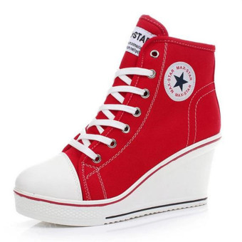 Women Fashion Shoes Wedges Lace Up Canvas Sneakers Loose shoes 8CM(Red)  