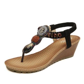Women Female Bohemian Ethnic Wind Wedges Shoes Handmade Beaded Sandals (Black) - intl  