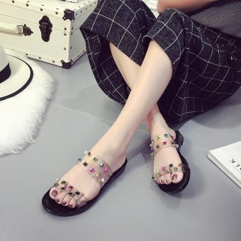 Women Flat Flat Flips Crystal Summer Sandals Loafers Beach Casual Shoes 2017 New BLACK - intl  