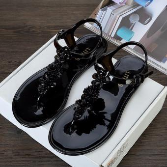 Women Flowers Flat Sandals Summer Non-slip Sandals Lady Holiday Beach Shoes (Black) - intl  