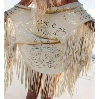 Women Geometric Cut Out Summer Beach Cover Up Kimono Long Fringes Tassels Thin Coat Cardigan Jacket (Beige) - intl  