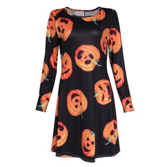 Women Halloween Lot Casual Pumpkin Print Long Sleeve Mini Dress - intl  