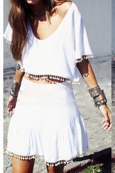 Women Hollow Lace Chiffon Short Sleeve Tassels Mini Dress (White)  