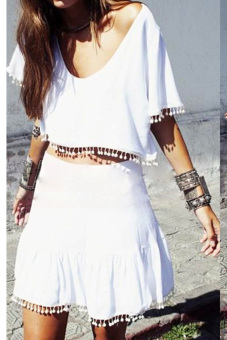 Women Hollow Lace Chiffon Short Sleeve Tassels Mini Dress (White) (Intl) - intl  