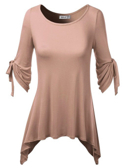 Women Irregular Round Neck T-shirt Lace-up Sleeve Shirt Tops Khaki (Intl)  