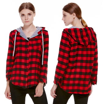 Women Jacket Sweatshirt Hooded Outerwear Jumper Pullover Plaid M  