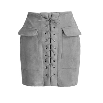 Women Lace Up Suede Leather Skirt High Waist Vintage Pocket Preppy Bodycon Short Pencil Skirt - intl  