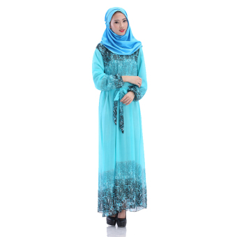 Women Lady Fashion Chiffon Long Sleeve Arab Robe Muslim Dress Costume Swing (Sky Blue)  