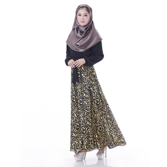 Women Lady Female Beam Waist Printed Abayas Dress Islami Skirt Muslim Robe Gown(Black)  