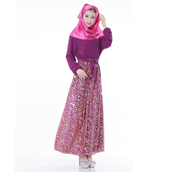 Women Lady Female Beam Waist Printed Abayas Dress Islami Skirt Muslim Robe Gown(Purple)  