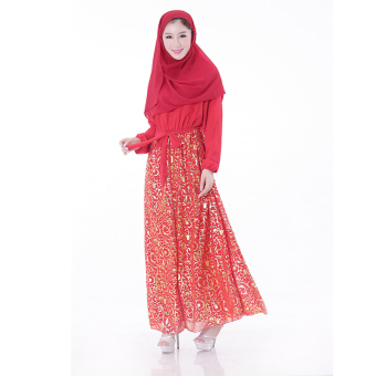 Women Lady Female Beam Waist Printed Abayas Dress Islami Skirt Muslim Robe Gown(Red)  