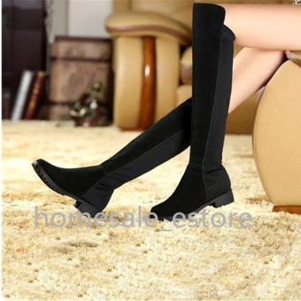 Women Lady Flat Thigh High Over Knee Suede Shoes Stretch Warm Winter Snow Boots BLACK - intl  