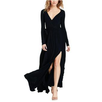 Women Maxi Dress Long Sleeve V-Neck Pure Polyester One-piece Dress (Black) - intl  