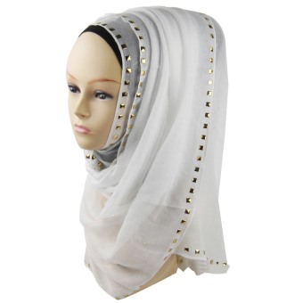 Women Muslim Cotton Studs Decoration Soft Head Neck Wrap Cover Hat Long Shawl Hijab Scarf White (Intl) - intl  