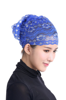Women Muslim Full Shiny Flower Lace Hijab Inner Cap - Blue - intl  