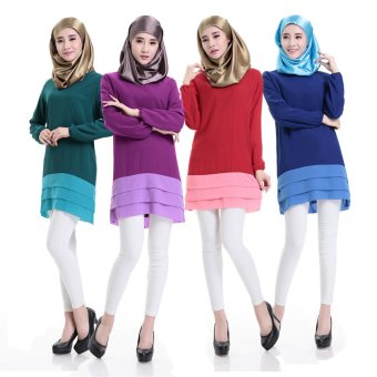 Women Muslim Wear Robe Chffon Splice Short Dress Baju Kurung 33124 -Navy blue  