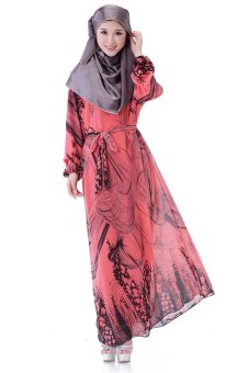 Women Muslim Wear Robe Chiffon Plus Sizs Long Dress Baju Kurung 69160 -Red  