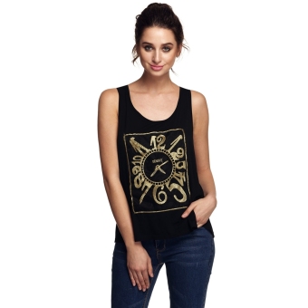 Women O-Neck Cross Split Backless Embroidery Clock Pattern Organza Patchwork Tank Tops (Black)  