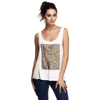 Women O Neck Cross Split Backless Embroidery Clock Pattern Organza Patchwork Tank Tops White  