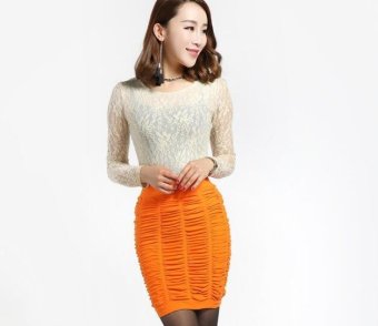 Women orange Stretch High Waist Pleated Skinny Bandage Hip Wrap Mini Pencil Skirt Short - intl  