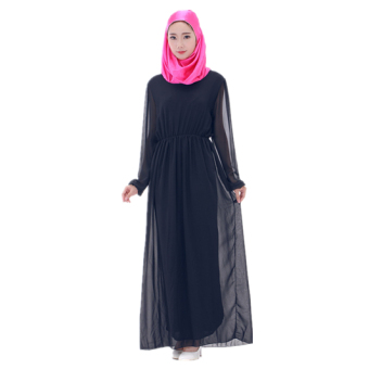 Women Round Neck Long-sleeved Gown Black  