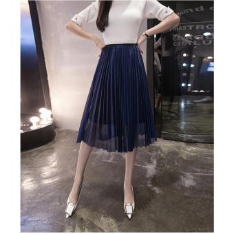 'Women ''s half skirt spring and summer Korean version of the network stitching high waist was thin big loose waist pleated skirt blue - intl'  