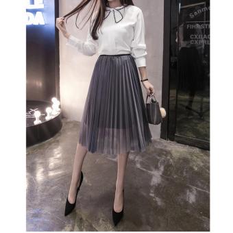 'Women ''s half skirt spring and summer Korean version of the network stitching high waist was thin big loose waist pleated skirt grey - intl'  