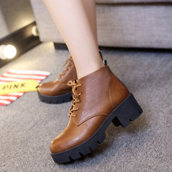 Women 's Shoes Lace Boots Fashion Casual Coarse Round Martin Boots (Brown) - intl  