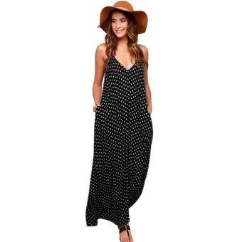 Women Sexy Casual V Neck Sleeveless Spaghetti Strap Polka Dot Summer Beach Long Maxi Dress ( Black ) - intl  