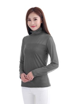 Women Sexy Long Sleeve Heaps Collar T-Shirts Pure Color Slim Shirts Inner Wear Blouse Casual Tee Tops Grey - intl  